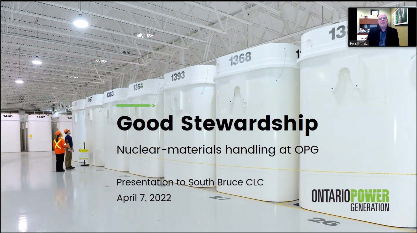 screenshot of slideshow presentation on Good Stewardship with used fuel containers in the background