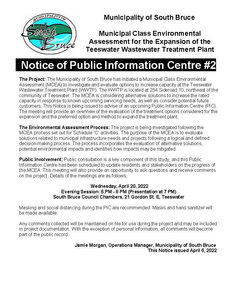 Notice of Public Information Centre #2 for the Municipal Class Environmental Assessment for the the Expansion of the Teeswater Wastewater Treatment Plant
